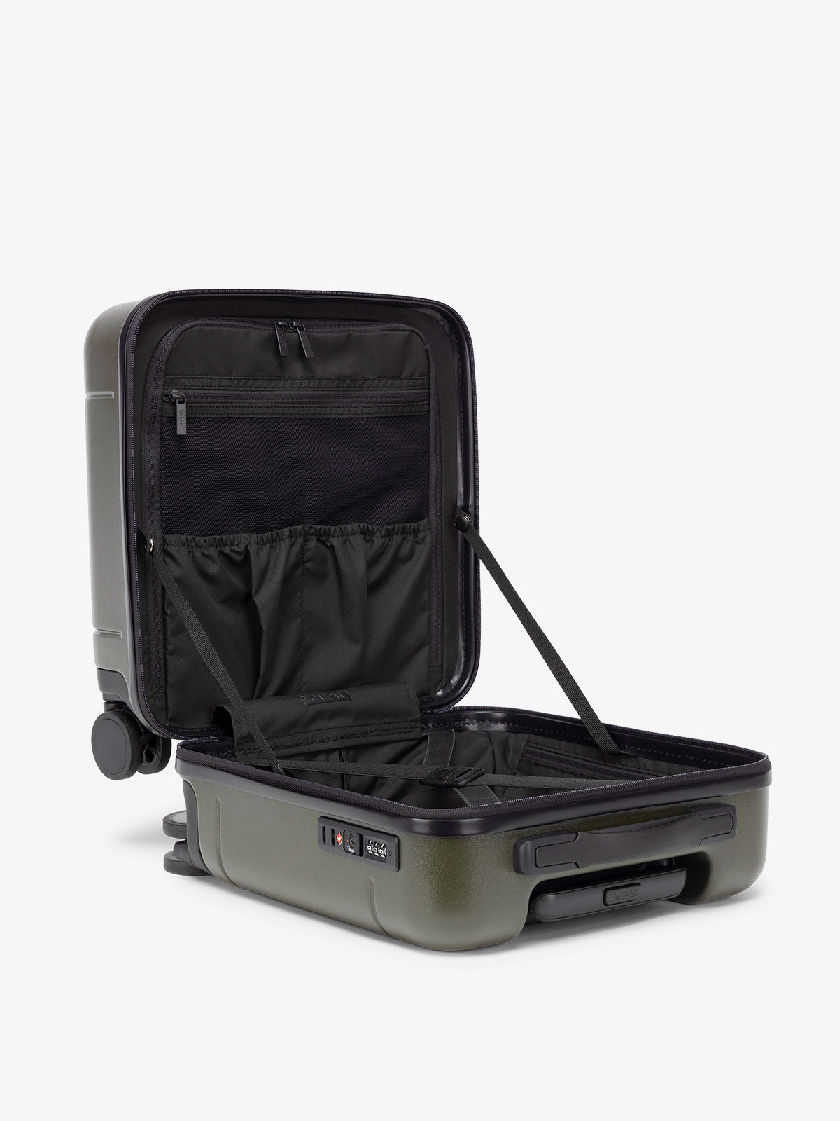 CALPAK hard side mini carry on luggage with compression straps and multiple pockets; LHU1014-MOSS