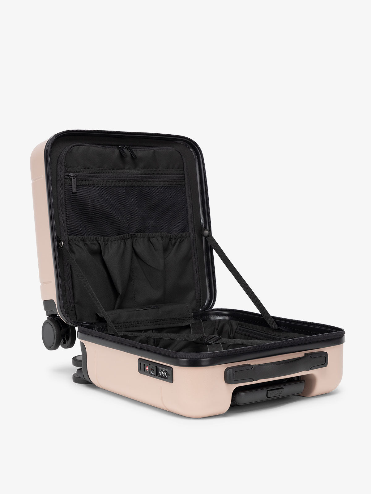 small CALPAK carry on suitcase for travel with compression straps and multiple compartments; LHU1014-PINK-SAND