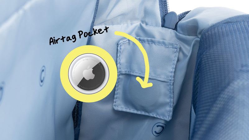 AirTag pocket in the CALPAK Kids Backpack with blue lining