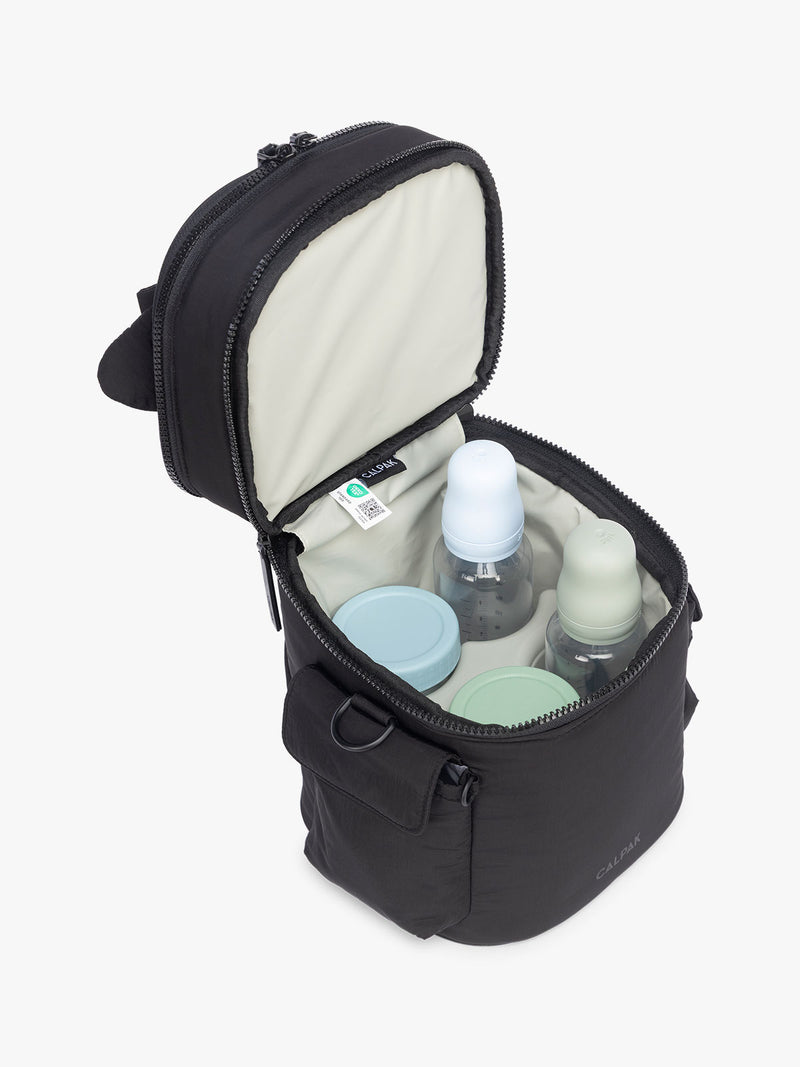 Baby bottles in the CALPAK Insulated Baby Bottle Bag in Black