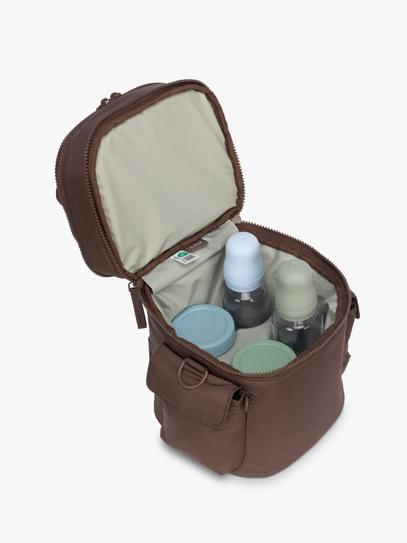 Bottles in the CALPAK Insulated Baby Bottle Bag in brown Hazelnut