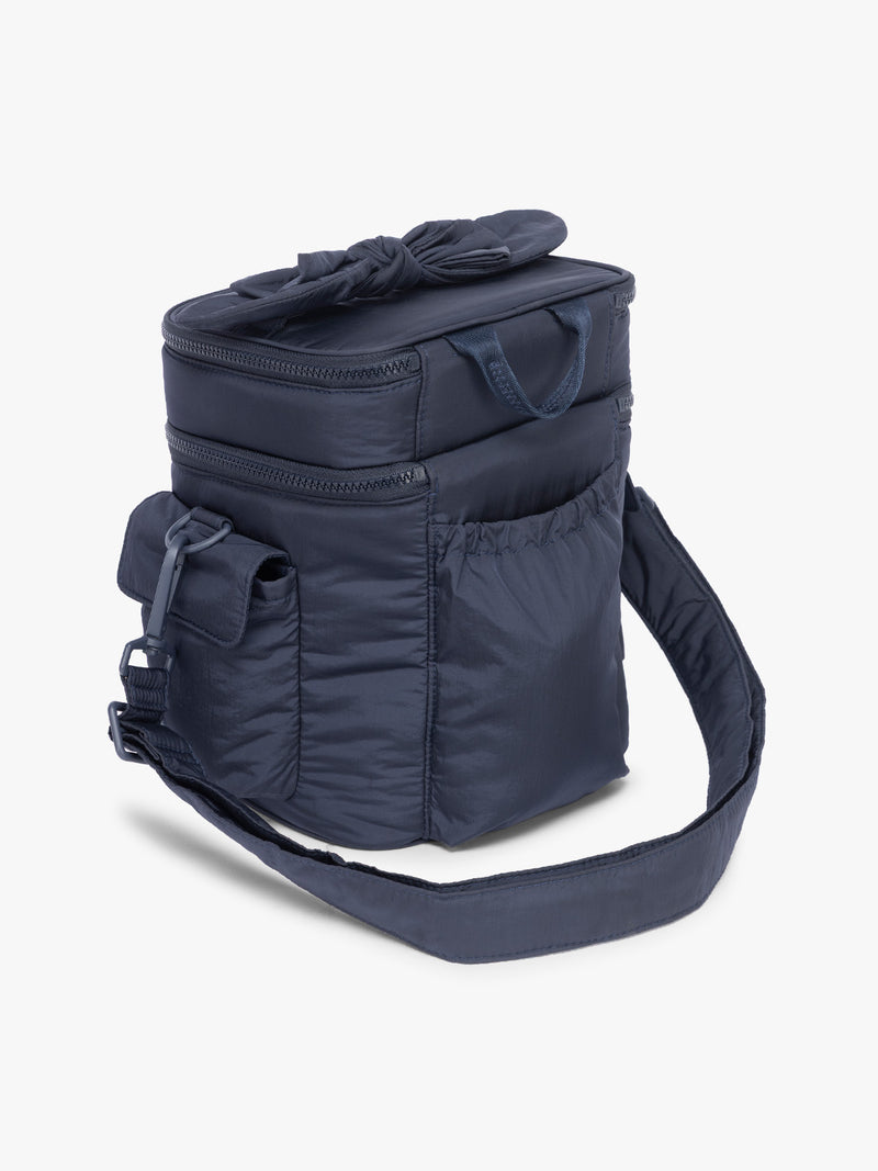 Backside of CALPAK Insulated Baby Bottle Bag in blue navy