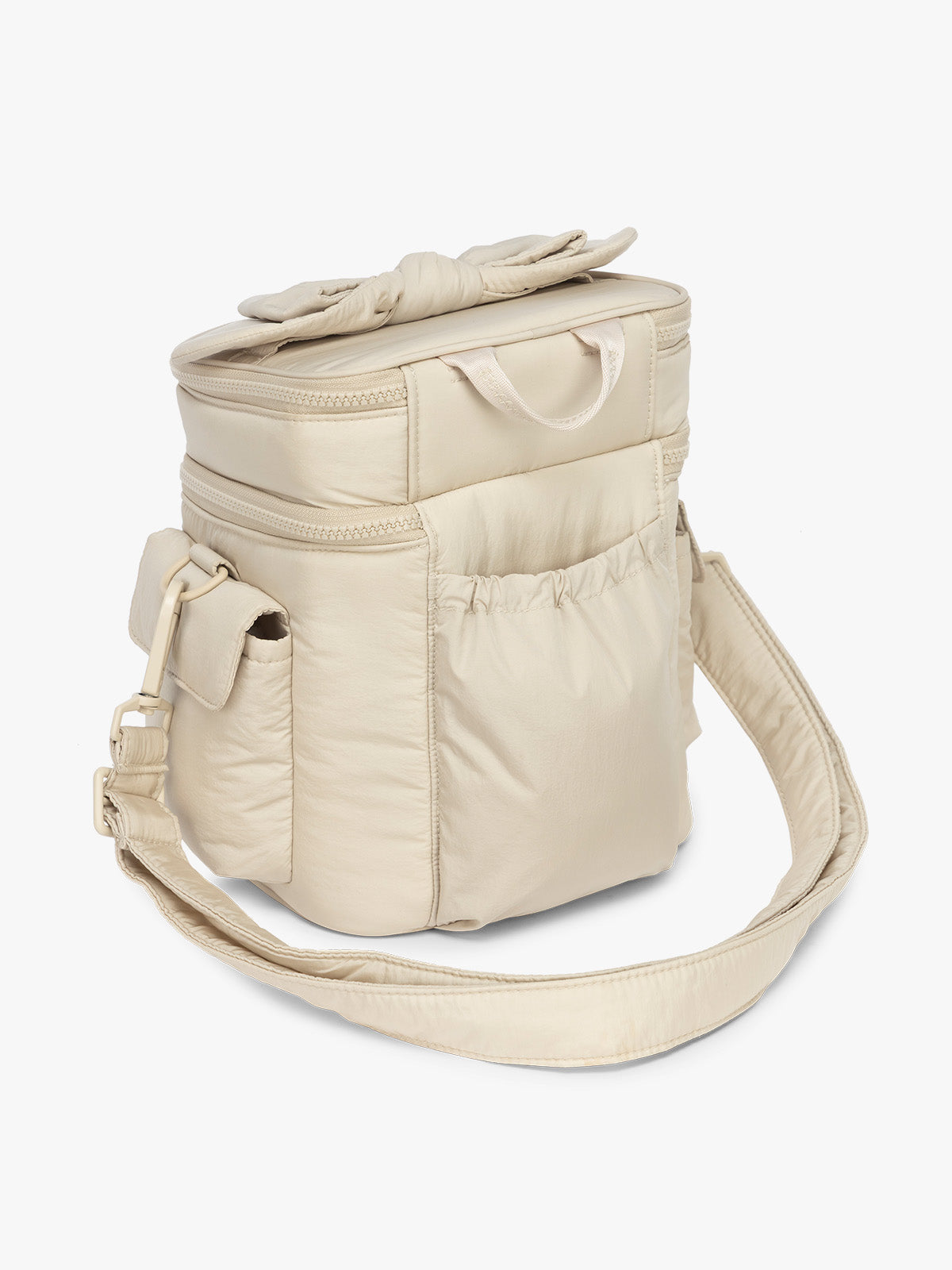 Backside of CALPAK Insulated Baby Bottle Bag in beige Oatmeal ; IBB2601-OATMEAL