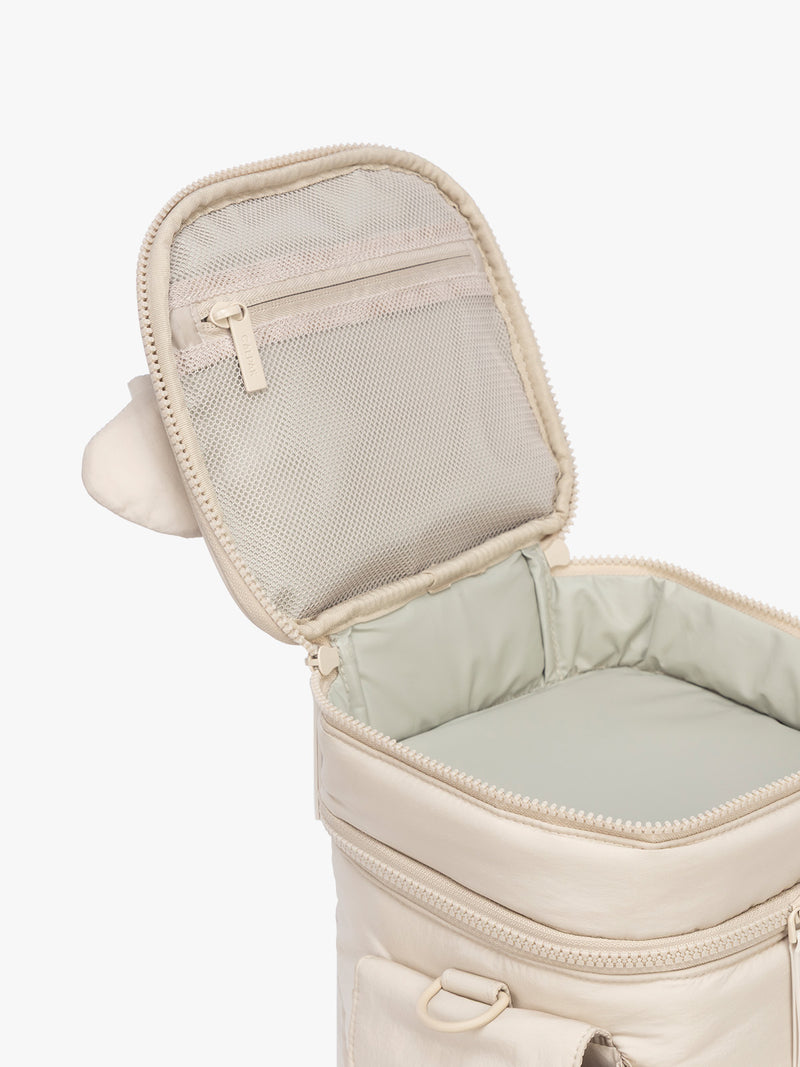 Opened top compartment with mesh CALPAK Insulated Baby Bottle Bag in beige Oatmeal
