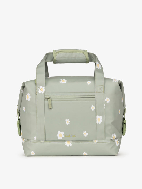 Green daisy print 17L insulated cooler bag with multiple exterior pockets and water-resistant lining