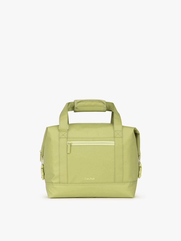 CALPAK 17L insulated cooler bag with durable TPU coated exterior material and side buckles that allow for expansion in lime green