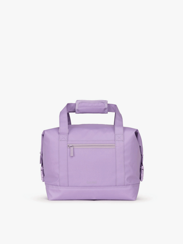 CALPAK 17L insulated cooler bag with durable TPU coated exterior material and side buckles that allow for expansion in purple orchid