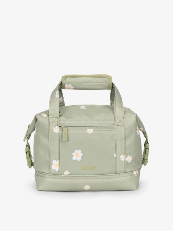 Green daisy printed 8L insulated cooler bag with multiple exterior pockets and water-resistant lining