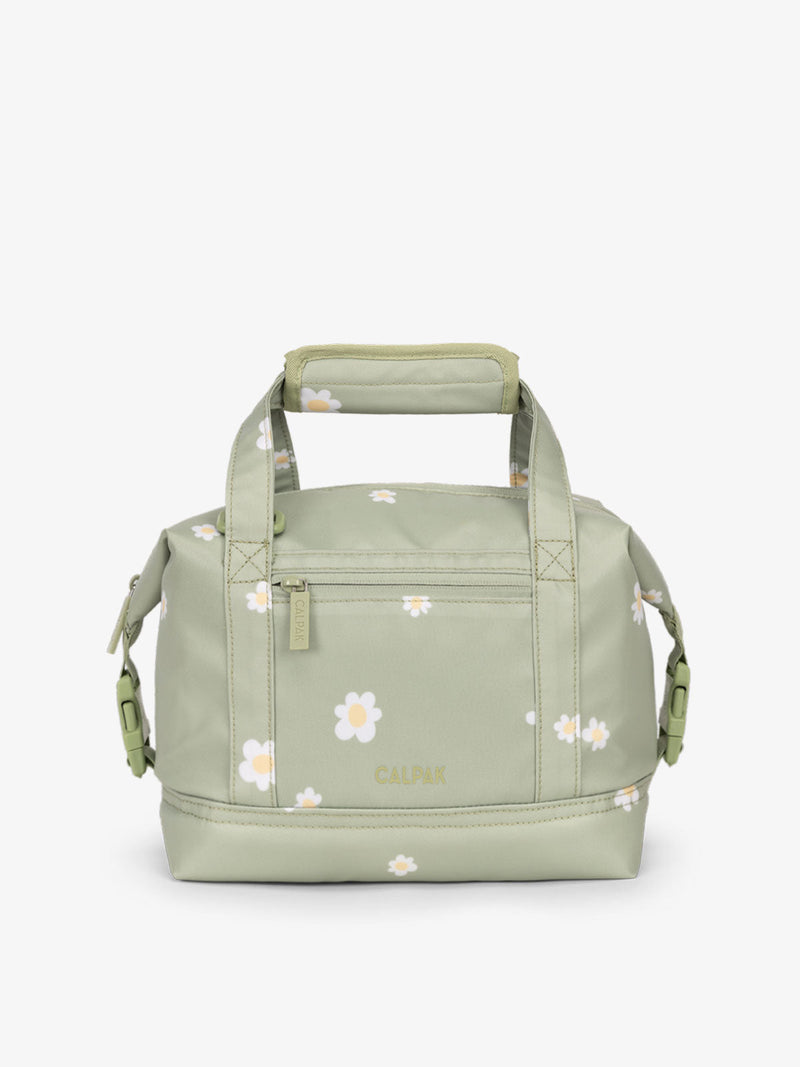 Green daisy printed 8L insulated cooler bag with multiple exterior pockets and water-resistant lining by CALPAK