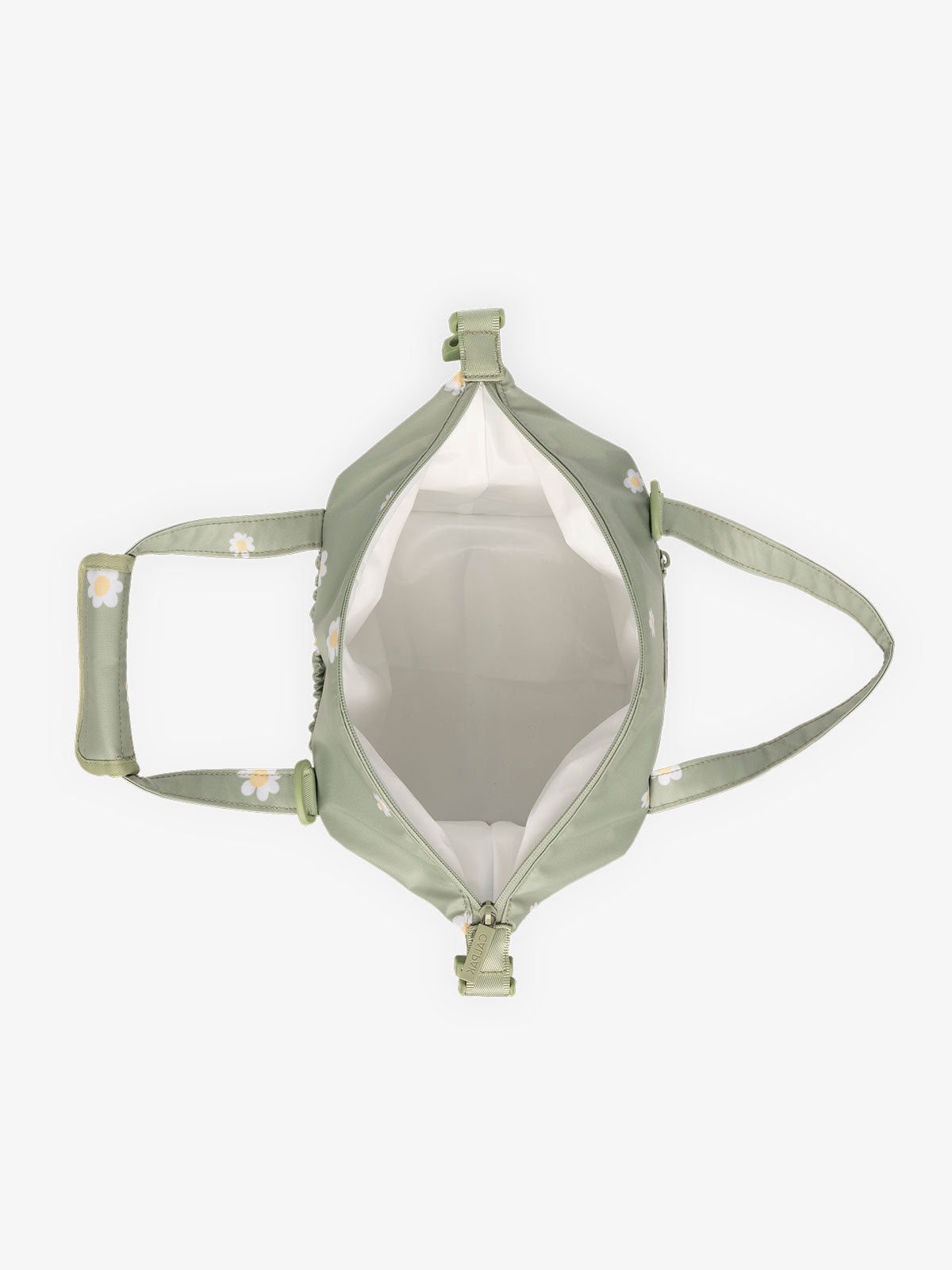 Interior of insulated cooler bag by CALPAK in green daisy print; ISCS2401-DAISY