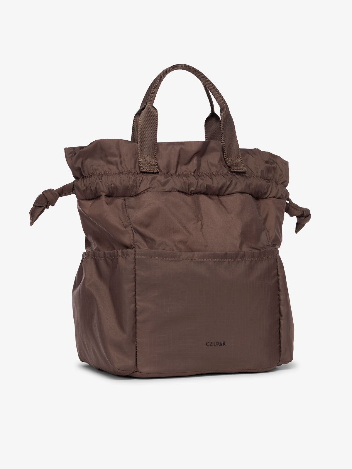 CALPAK Insulated Lunch Bag for men with multiple pockets and drawstring closure in brown; ALB2001-WALNUT