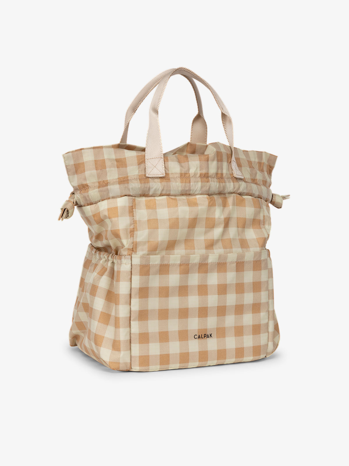 CALPAK insulated brown and cream checkered print stylish lunch bag; ALB2001-GINGHAM