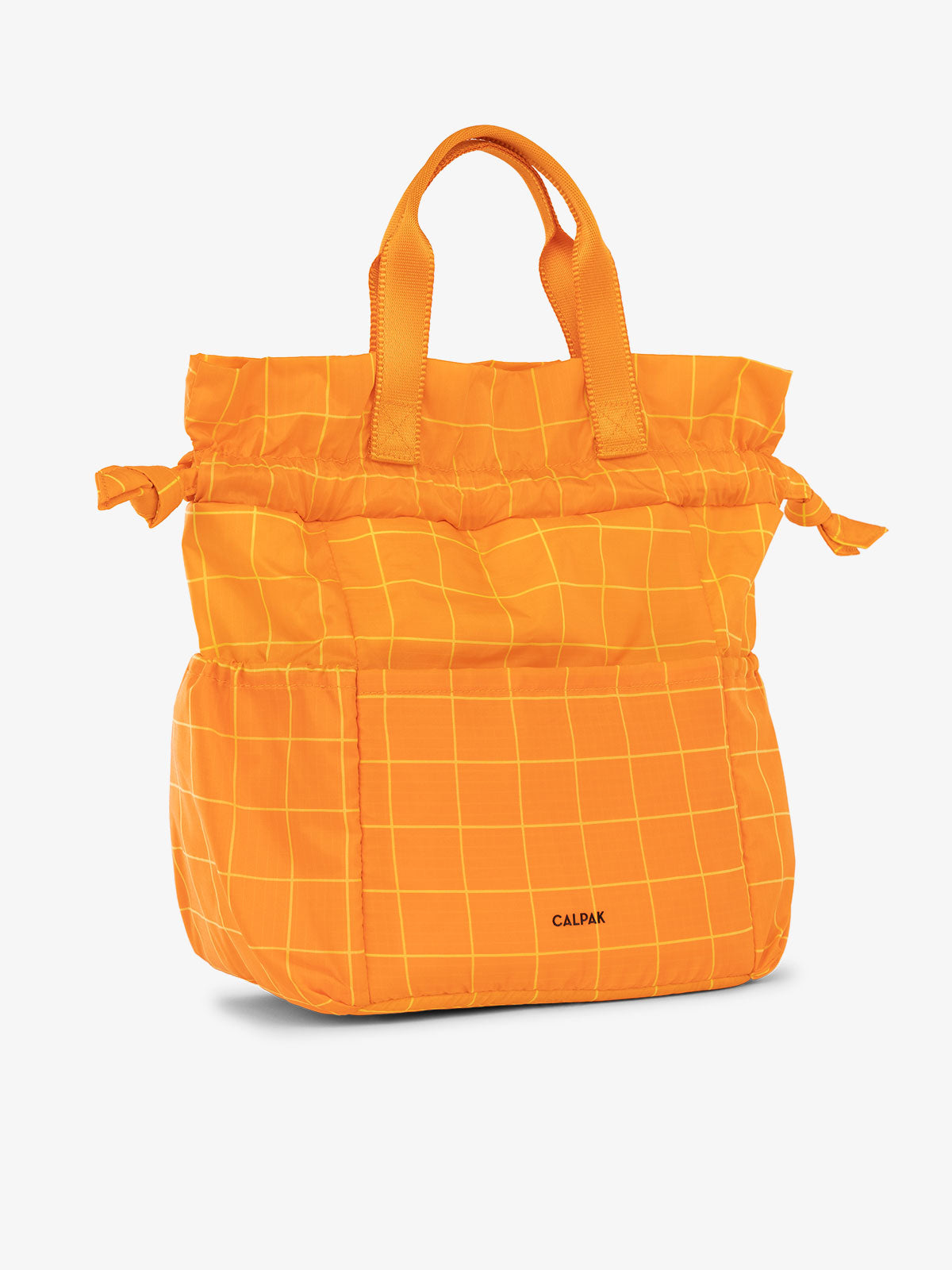 CALPAK Insulated Lunch Bag for men with multiple pockets and drawstring closure in orange grid