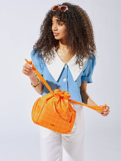 CALPAK Insulated Lunch Bag in orange grid; ALB2001-ORANGE-GRID view 2
