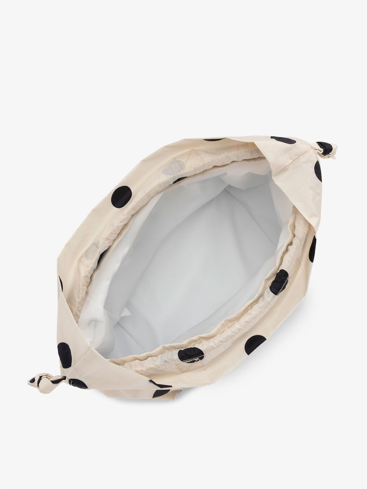 water resistant interior of the CALPAK insulated lunch bag; ALB2001-POLKA-DOT