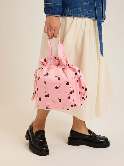 CALPAK Insulated Lunch Bag in Blossom Cherry in pink with cherry print with drawstring; ALB2001-BLOSSOM-CHERRY view 2