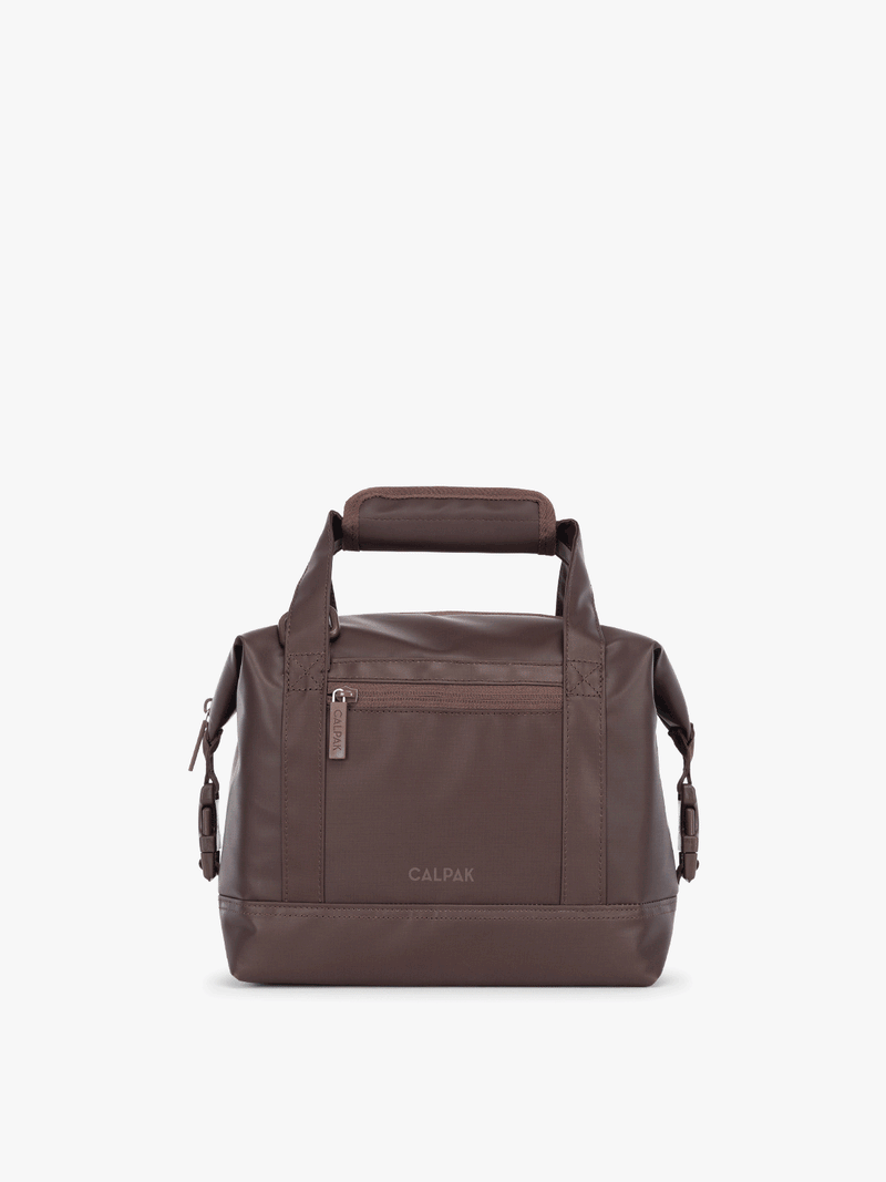CALPAK 8L insulated soft sided cooler bag with durable TPU coated exterior material and side buckles that allow for expansion in brown Walnut