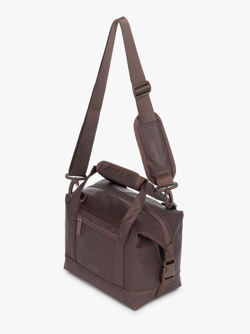 CALPAK Insulated 8L Soft-Sided Cooler with removable, adjustable crossbody strap in brown Walnut
