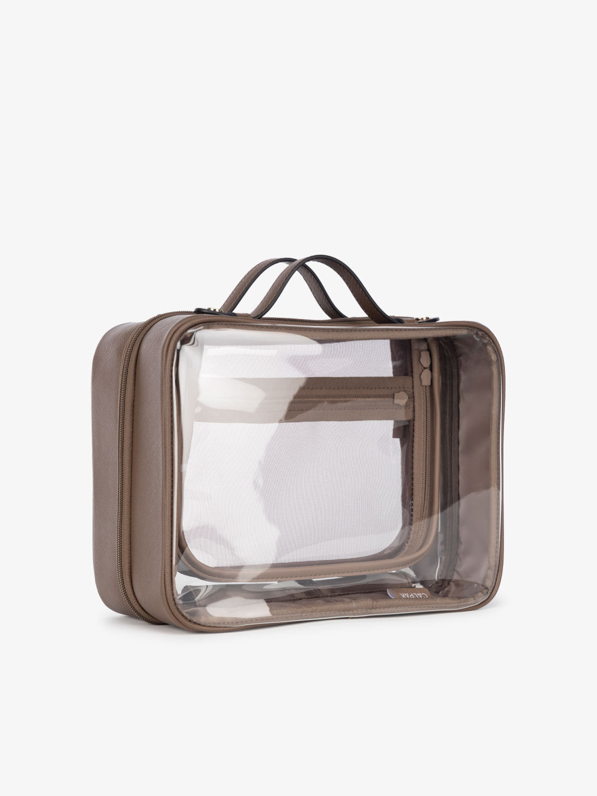 CALPAK clear travel makeup case with handle in brown; CCC2001-MOCHA
