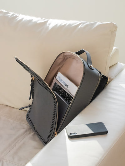 CALPAK Kaya laptop backpack in charcoal grey; BP1702-SQ-CHARCOAL-GREY