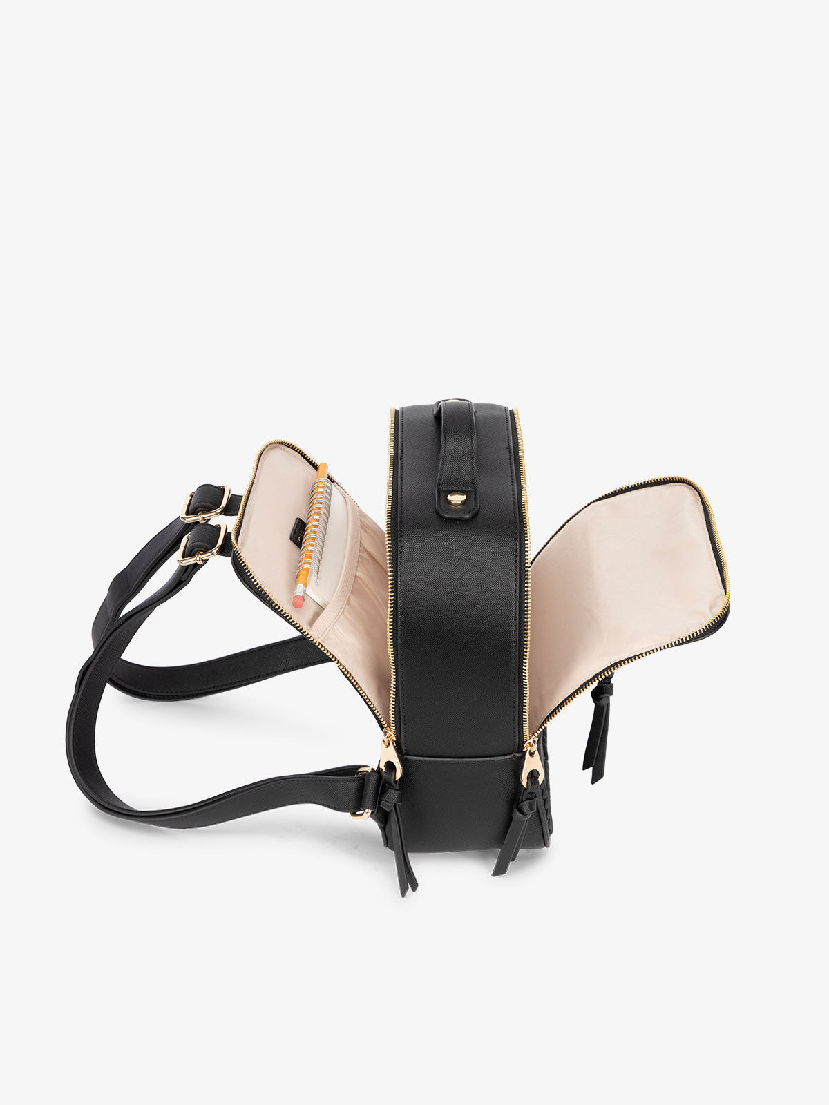 CALPAK mini backpack zippered compartments for organizing belongings in black