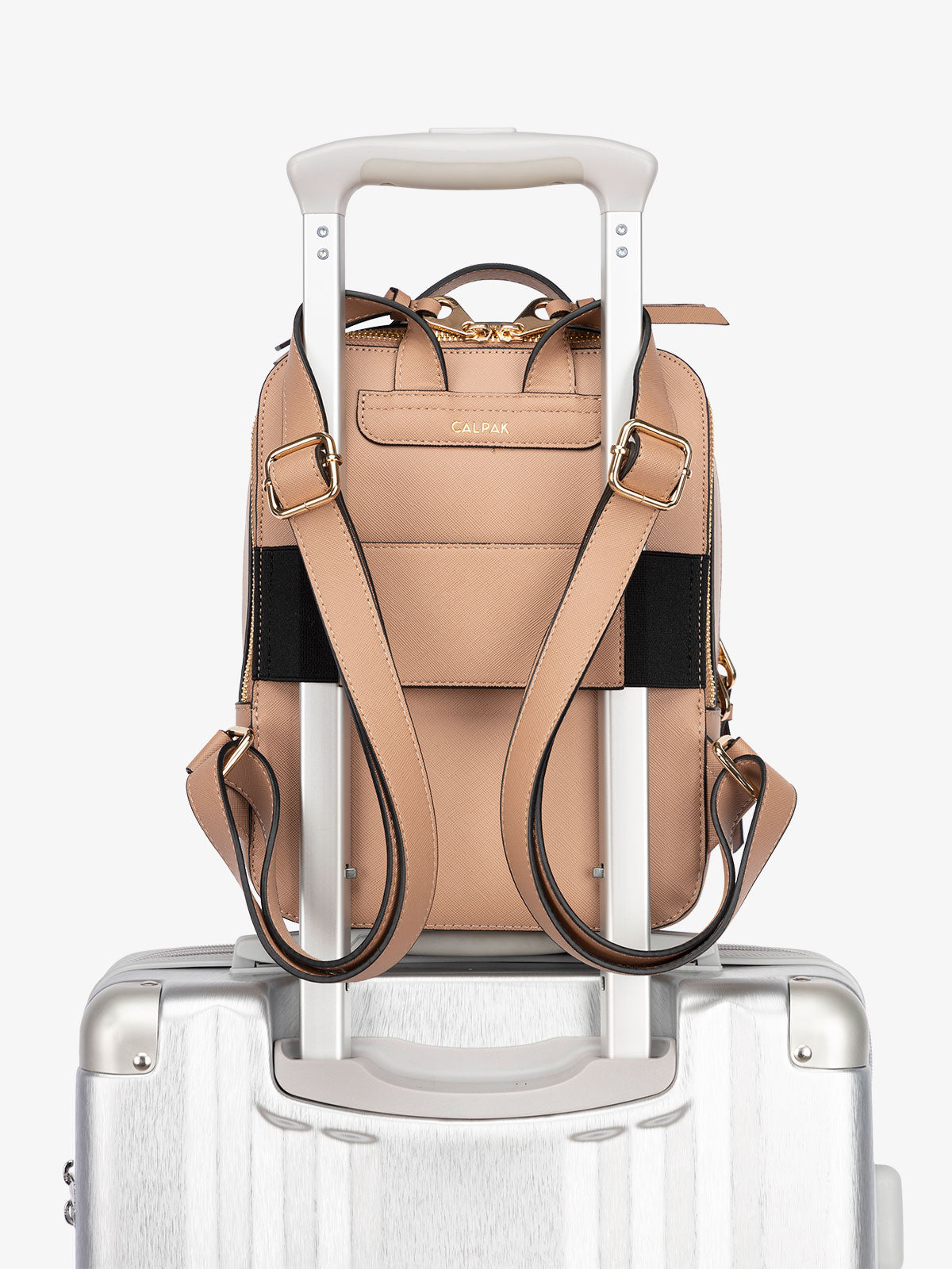 CALPAK Kaya Mini Backpack with luggage trolley and adjustable straps in caramel