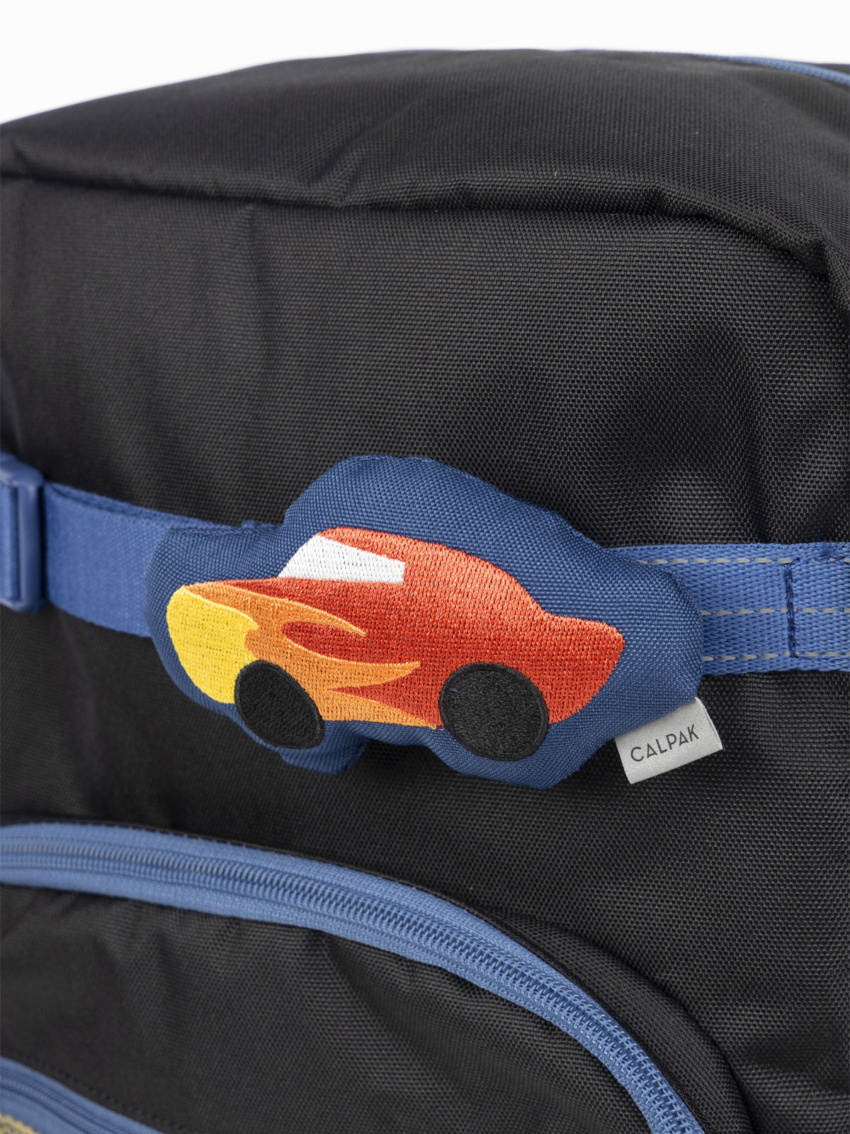 CALPAK Kids Collection red Car Pluffy Bag Charm attached to Kids Large Black Backpack; BCKS5000-BLACK