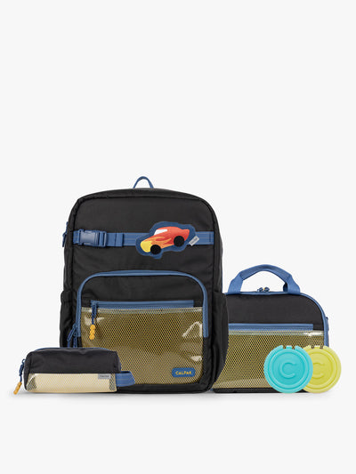 CALPAK Kids Collection Large Kids Backpack Bundle in Black that includes Kids Lunch Bag, Kids Pencil Case, red Car Pluffy Bag Charm, and Set of 2 Ice Packs; BCKL2501-BLACK view 1
