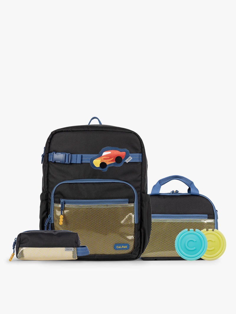 CALPAK Kids Collection Large Kids Backpack Bundle in Black that includes Kids Lunch Bag, Kids Pencil Case, red Car Pluffy Bag Charm, and Set of 2 Ice Packs