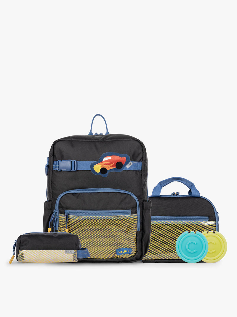 CALPAK Kids Collection Medium Kids Backpack Bundle in Black that includes Kids Lunch Bag, Kids Pencil Case, red Car Pluffy Bag Charm, and Set of 2 Ice Packs
