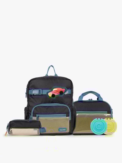CALPAK Kids Collection Small Kids Backpack Bundle in Black that includes Kids Lunch Bag, Kids Pencil Case, red Car Pluffy Bag Charm, and Set of 2 Ice Packs; BCKS5000-BLACK