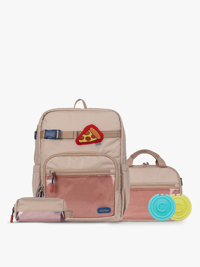 CALPAK Kids Collection Large Kids Backpack Bundle in brown/tan Khaki that includes Kids Lunch Bag, Kids Pencil Case, red and yellow PIzza Pluffy Bag Charm, and Set of 2 Ice Packs; BCKL2501-KHAKI view 1