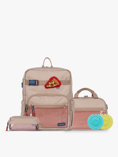CALPAK Kids Collection Medium Kids Backpack Bundle in brown/tan Khaki that includes Kids Lunch Bag, Kids Pencil Case, red and yellow PIzza Pluffy Bag Charm, and Set of 2 Ice Packs; BCKM2501-KHAKI view 1