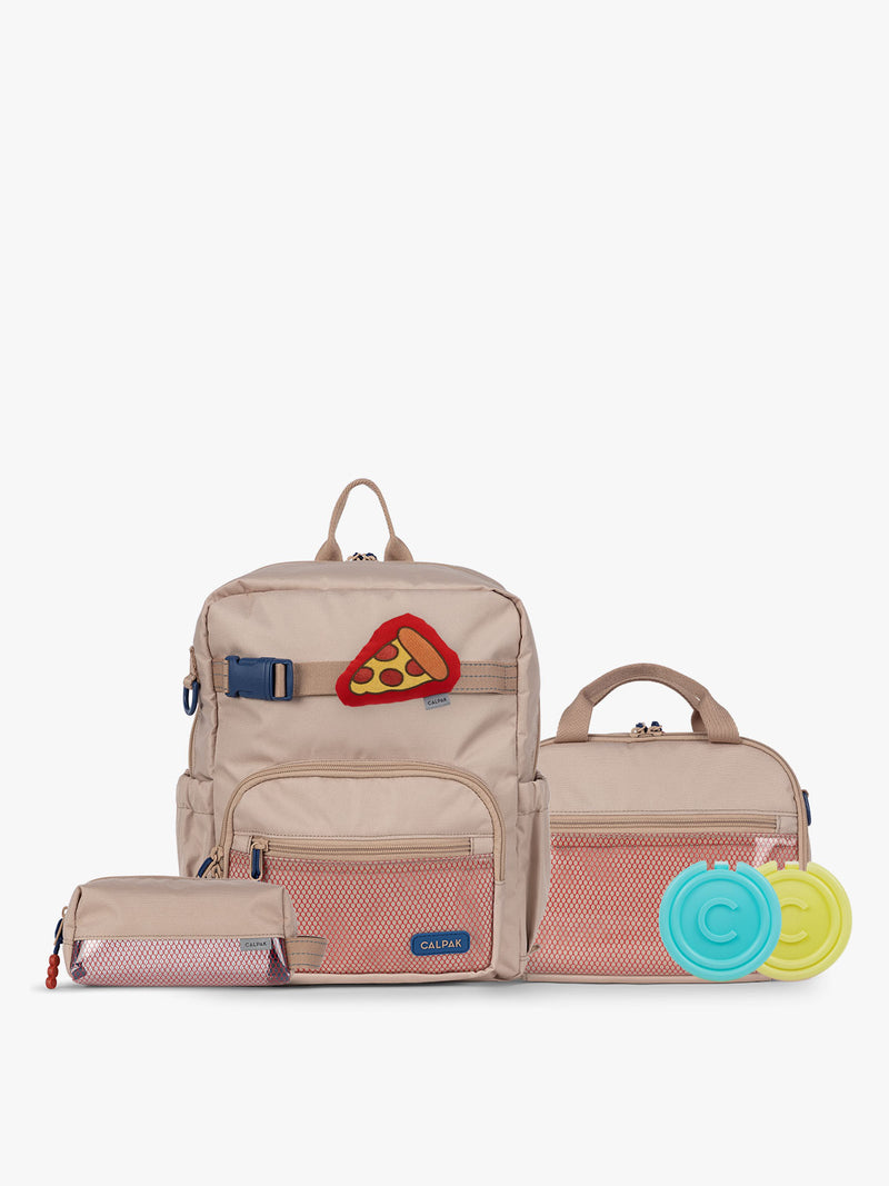CALPAK Kids Collection Small Kids Backpack Bundle in brown/tan Khaki that includes Kids Lunch Bag, Kids Pencil Case, red and yellow PIzza Pluffy Bag Charm, and Set of 2 Ice Packs