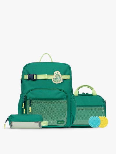 Green CALPAK Kids Small Essentials Bundle that includes backpack and lunch bag, and pencil case light gray background; BCKL5000-GREEN view 1