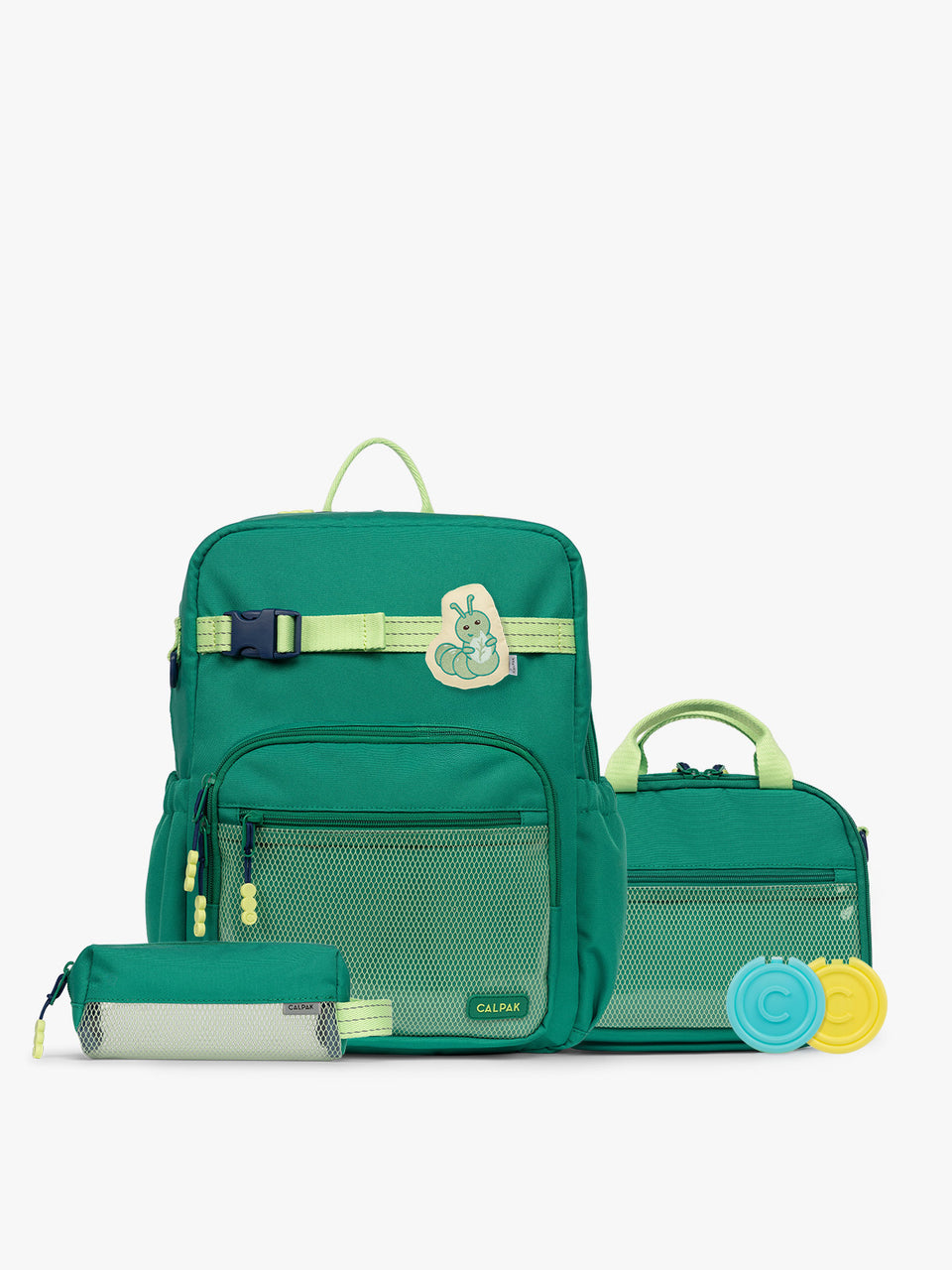 Green CALPAK Kids Small Essentials Bundle that includes backpack and lunch bag, and pencil case light gray background; BCKL5000-GREEN