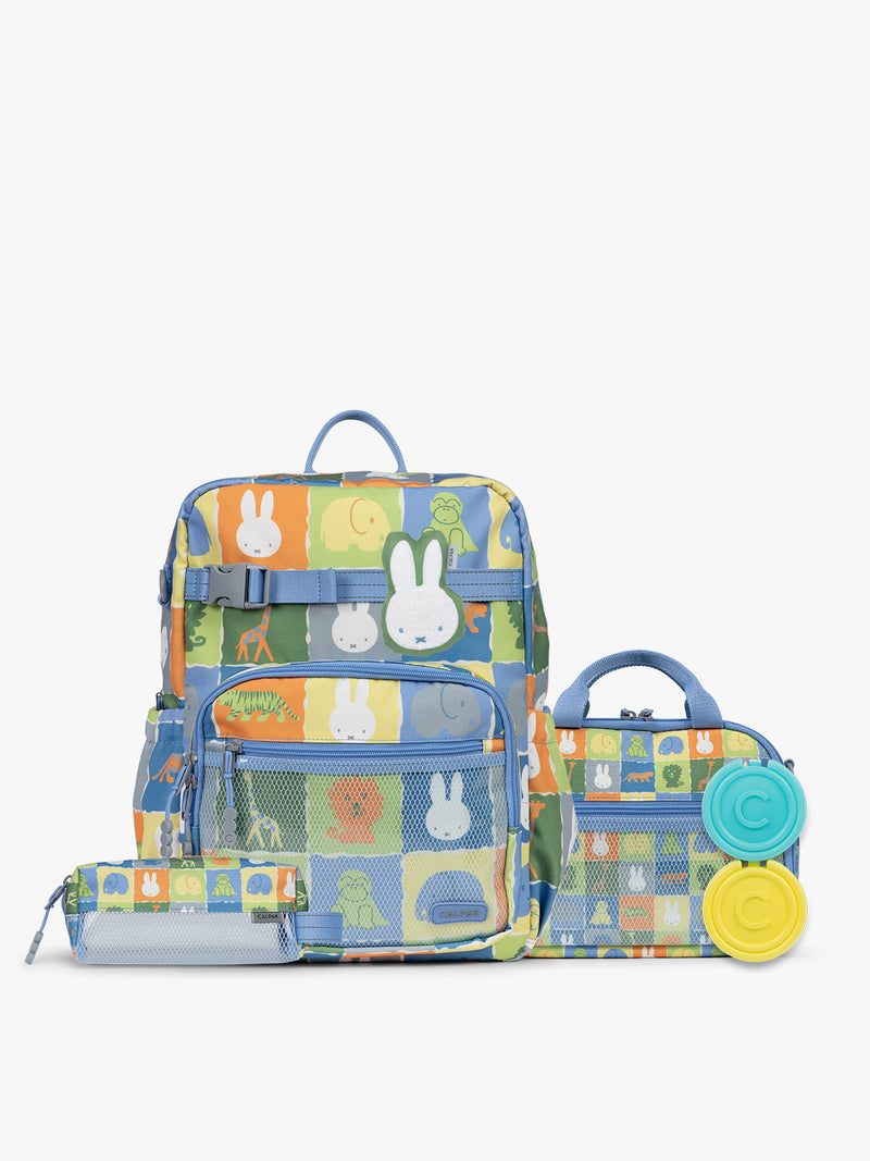 Colorful CALPAK + Miffy Kids Essentials Set with children's Large backpack, lunch bag , pencil case set on a white background with blue accents and Miffy with other animals