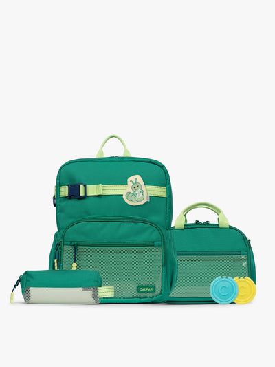 Green CALPAK Kids Small Essentials Bundle that includes backpack and lunch bag, and pencil case light gray background; BCKM5000-GREEN view 1