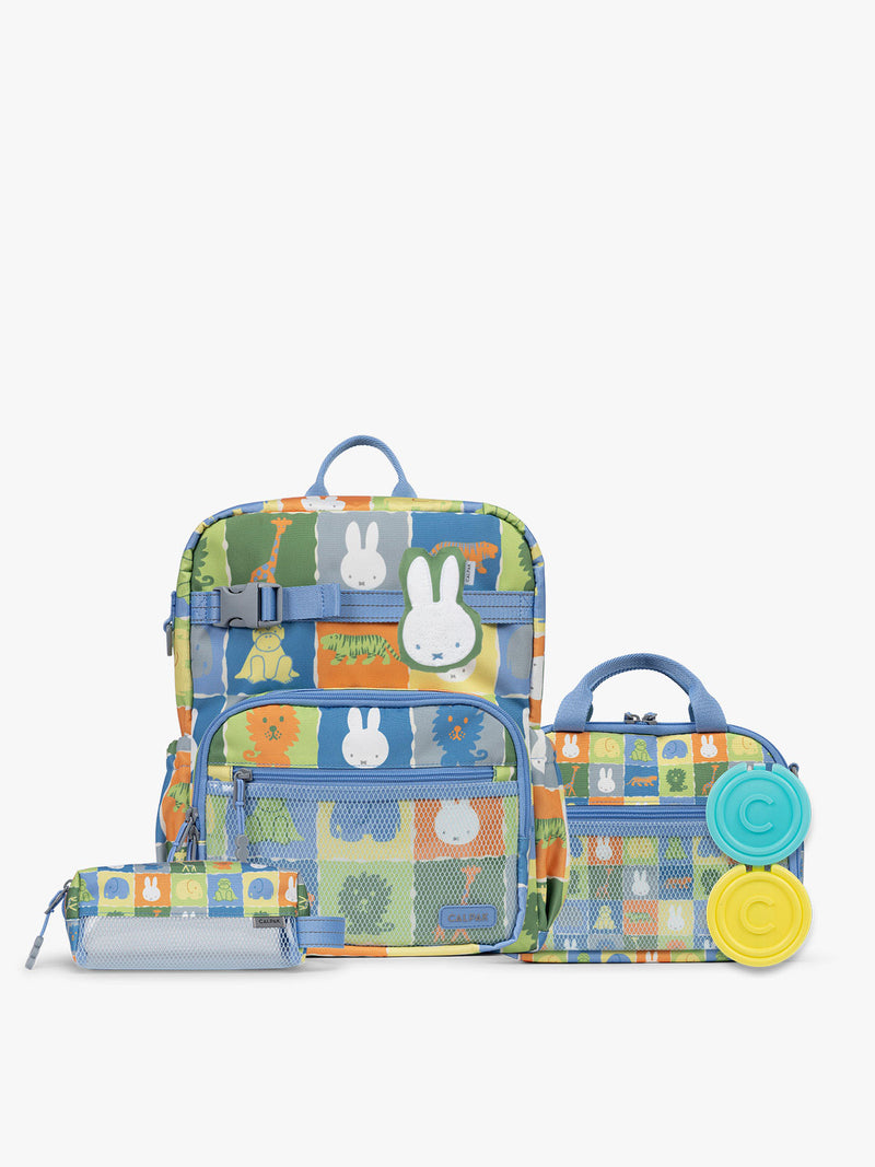 Colorful CALPAK + Miffy Kids Essentials Set with children's Medium backpack, lunch bag , pencil case set on a white background with blue accents and Miffy with other animals