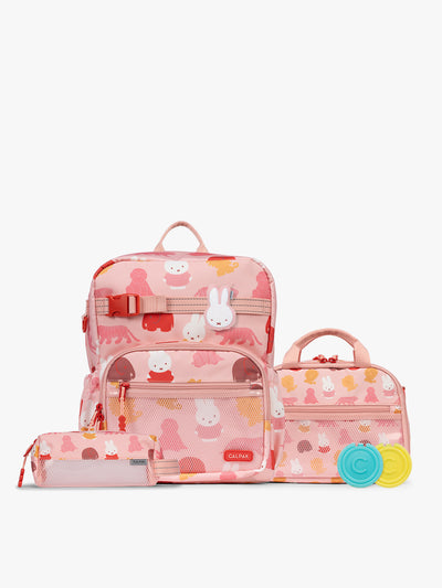 Colorful CALPAK + Miffy Kids Essentials Set with children's Medium backpack, lunch bag , pencil case set on a white background with pink accents and Miffy with other animals; BCKM5000-MIFFY-PINK-ZOO-TRIP view 1