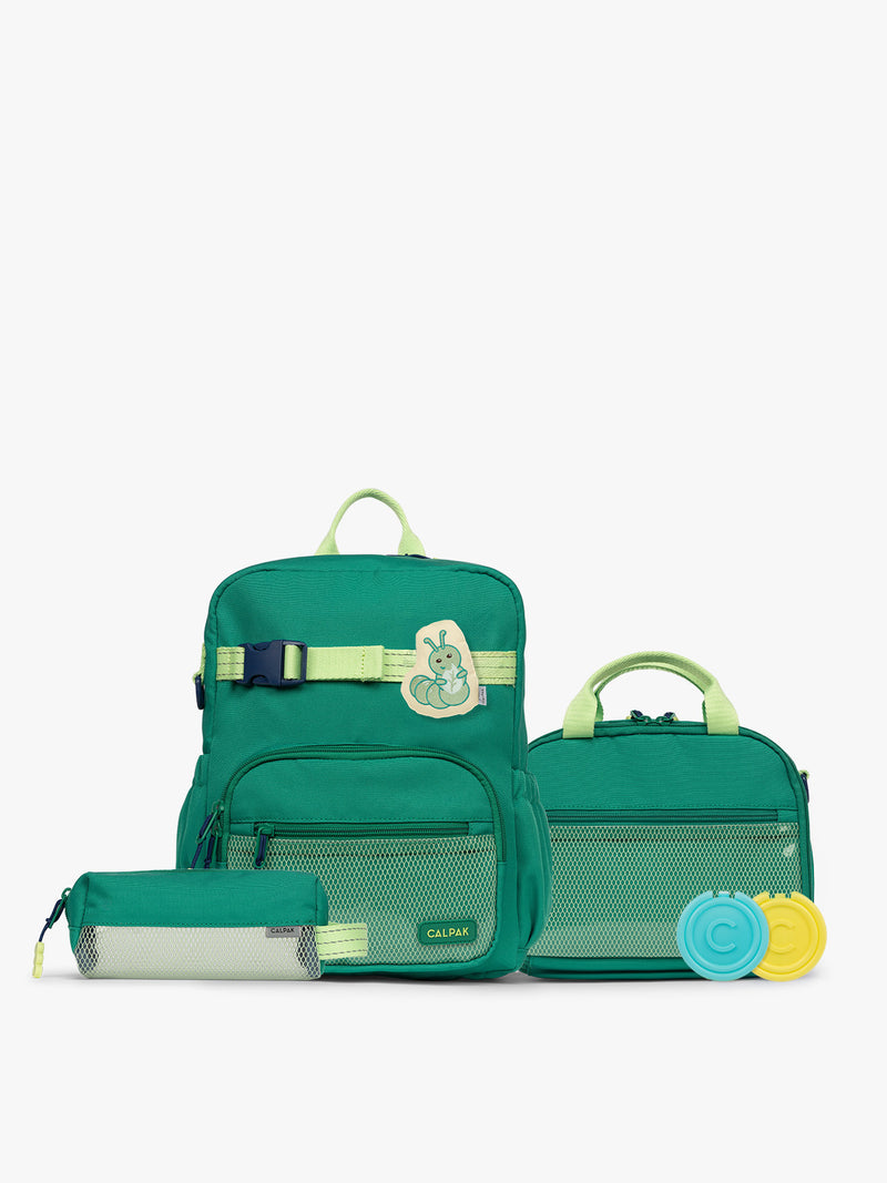 Green CALPAK Kids Small Essentials Bundle that includes backpack and lunch bag, and pencil case light gray background