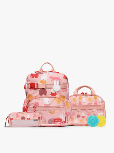 Colorful CALPAK + Miffy Kids Essentials Set with children's Small backpack, lunch bag , pencil case set on a white background with pink accents and Miffy with other animals; BCKS5000-MIFFY-PINK-ZOO-TRIP view 1