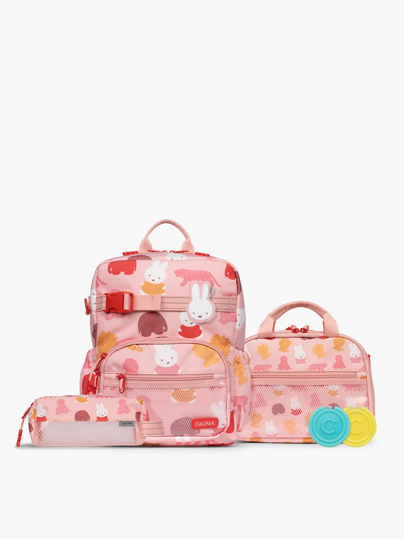 Colorful CALPAK + Miffy Kids Essentials Set with children's Small backpack, lunch bag , pencil case set on a white background with pink accents and Miffy with other animals