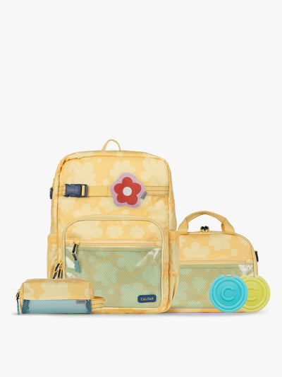 CALPAK Kids Collection Large Kids Backpack Bundle in yellow flower print Yellow Bloom that includes Kids Lunch Bag, Kids Pencil Case, red and pink Flower Pluffy Bag Charm, and Set of 2 Ice Packs; BCKL2501-YELLOW-BLOOM view 1