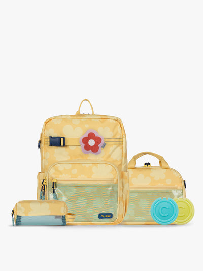 CALPAK Kids Collection Medium Kids Backpack Bundle in yellow flower print Yellow Bloom that includes Kids Lunch Bag, Kids Pencil Case, red and pink Flower Pluffy Bag Charm, and Set of 2 Ice Packs; BCKM2501-YELLOW-BLOOM view 1