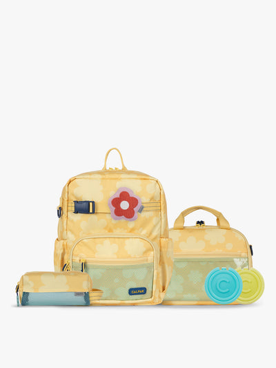 CALPAK Kids Collection Small Kids Backpack Bundle in yellow flower print Yellow Bloom that includes Kids Lunch Bag, Kids Pencil Case, red and pink Flower Pluffy Bag Charm, and Set of 2 Ice Packs; BCKS2501-YELLOW-BLOOM view 1