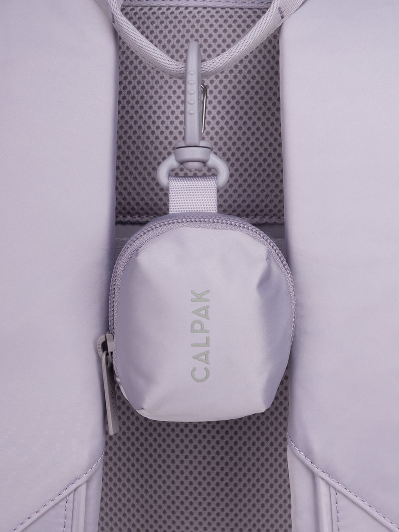 CALPAK Fit Zip Bag Charm in purple Iris with hook and zipper hooked on bag