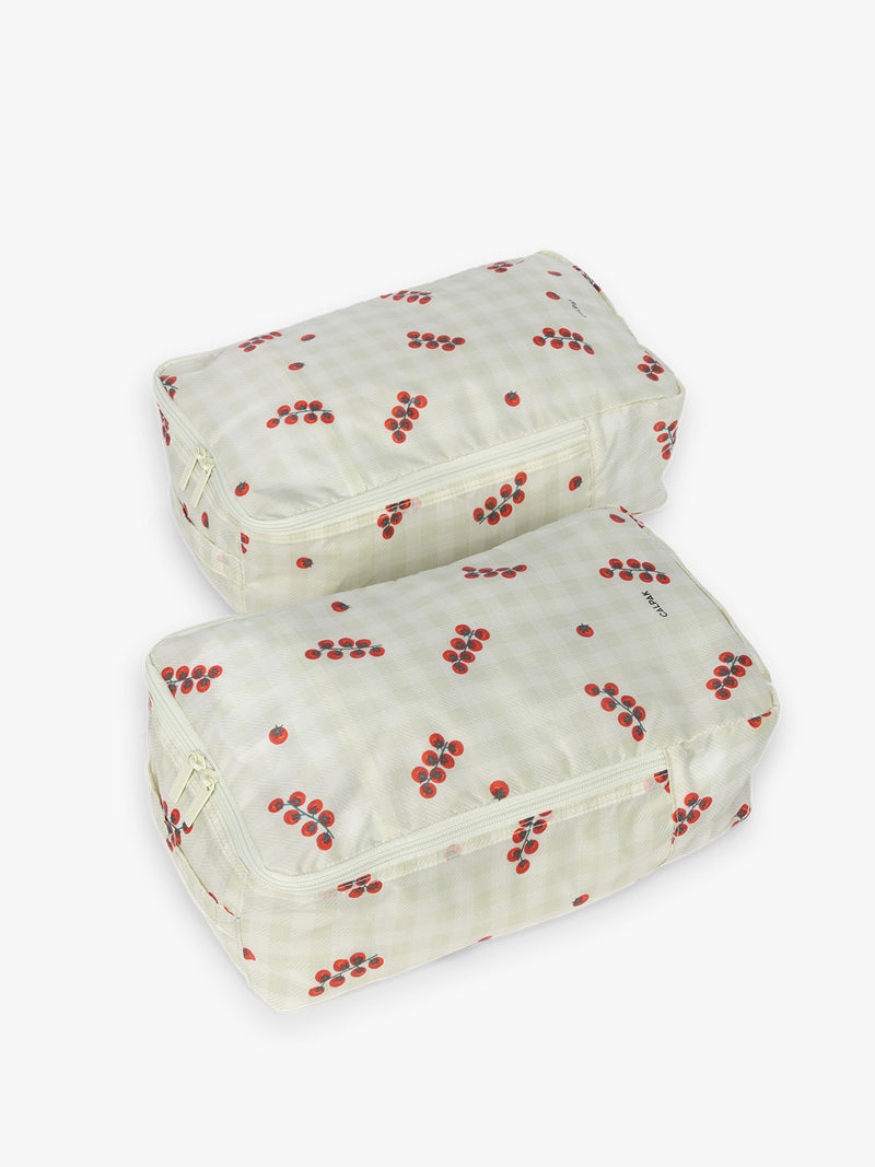 CALPAK Shoe Bag in white and green gingham pattern with tomato print set of 2