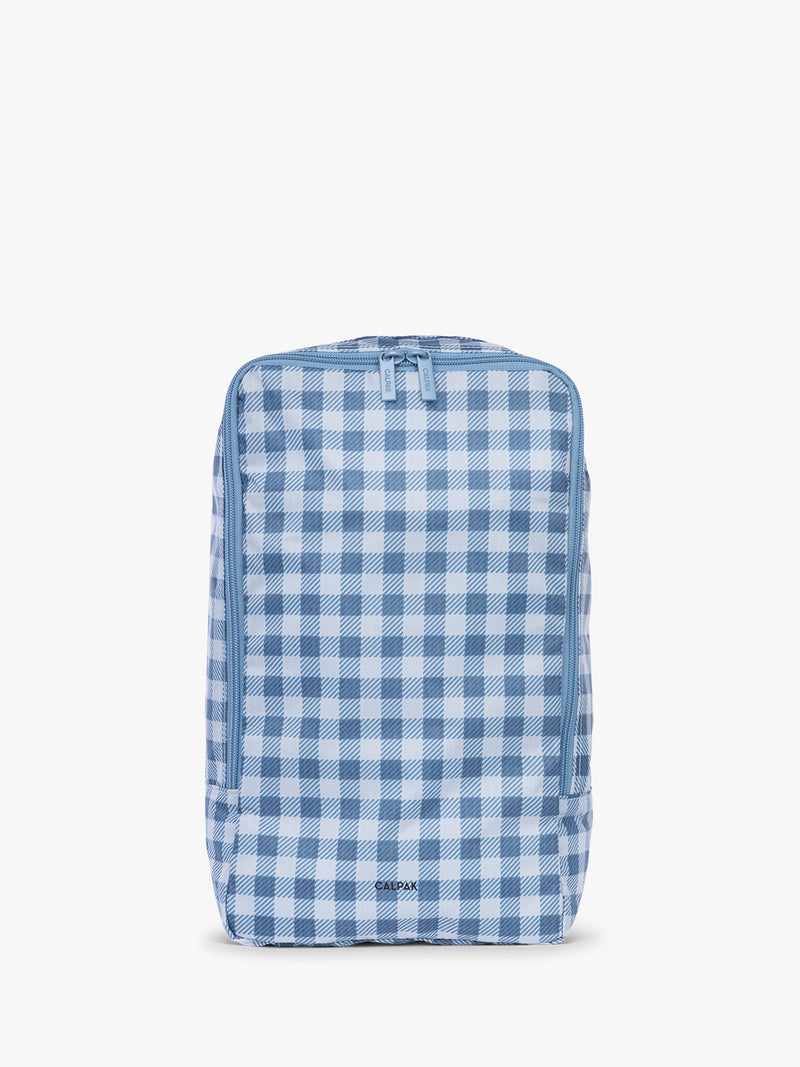 Closeup of CALPAK Shoe Cubes (set of 2) in blue and white gingham print in French Blue Gingham
