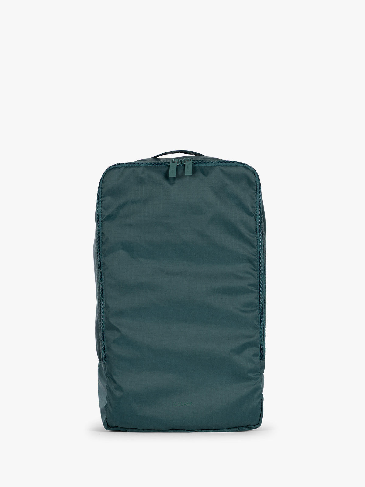 Dark green teal Kale rectangular CALPAK shoe cube with zippers and top handle shown on a plain background; KSB2001-KALE